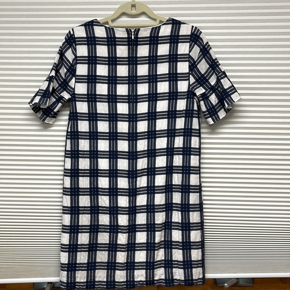 Madewell Blue and White Leighton Plaid Ruffle Bell Sleeve V-Neck Dress - Picture 6 of 9